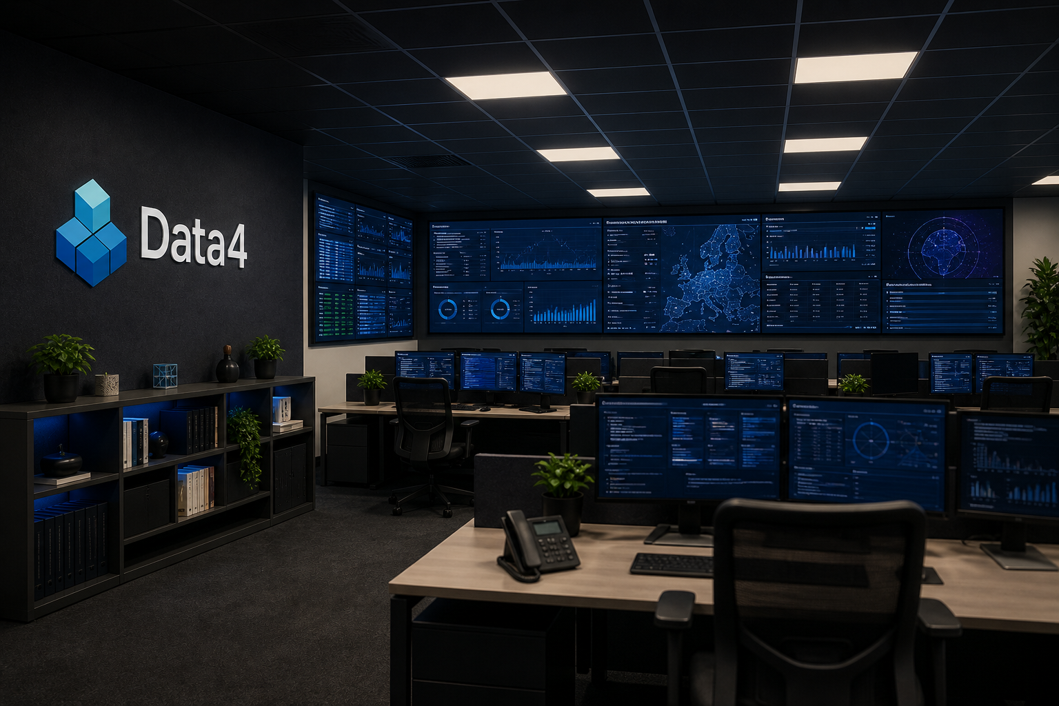 Escritório Data4 com centro integrado de operações e painéis de dados